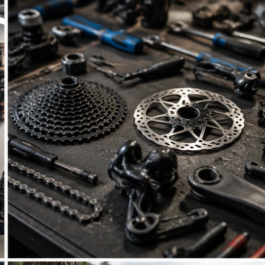 Bike components on workshop bench