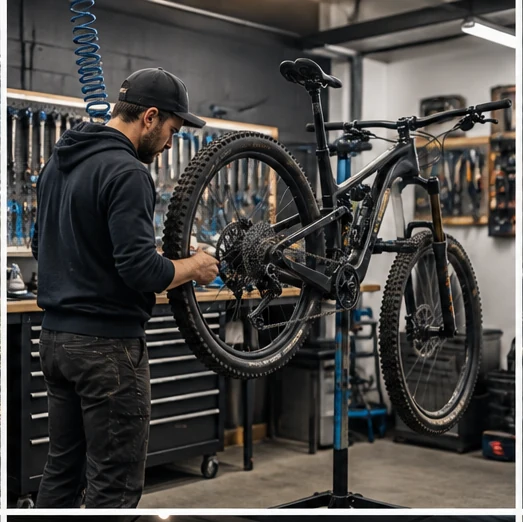 Bike mechanic servicing mountain bike